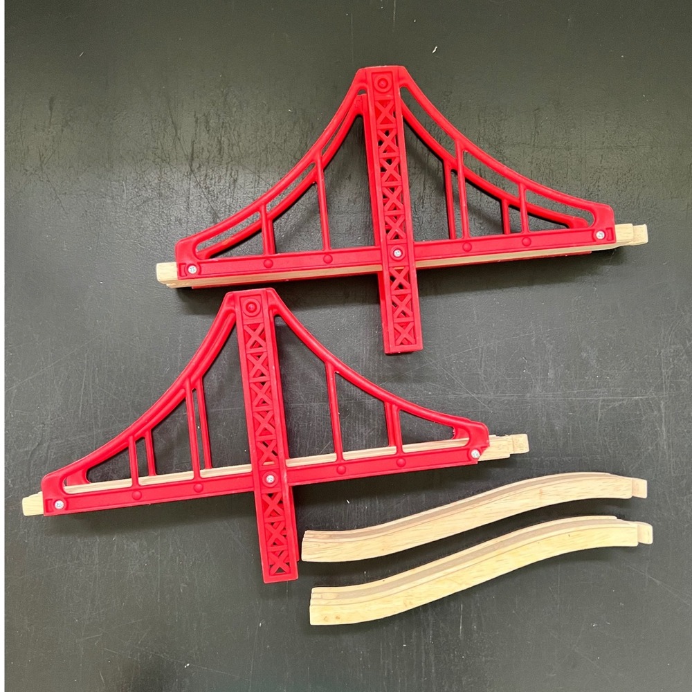 BigJigs Toy Bridge Set Red Wooden Railway Suspension Tracks